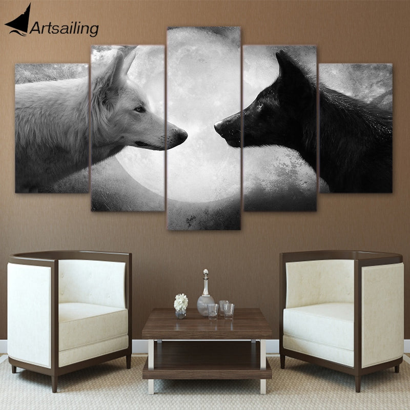 wolf poster HD print 5 Piece Canvas art Black Wolf White Wolf moon Painting canvas Wall Art Pictures For Living Room CU-1359A | Canvas For Good - Affordable Wall Art